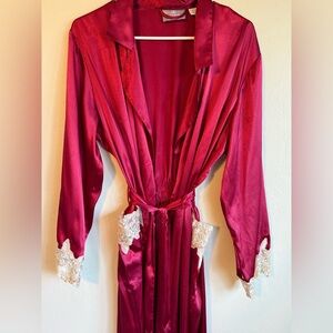 Jaclyn Smith Vintage Burgundy Satin Robe with Cream Lace